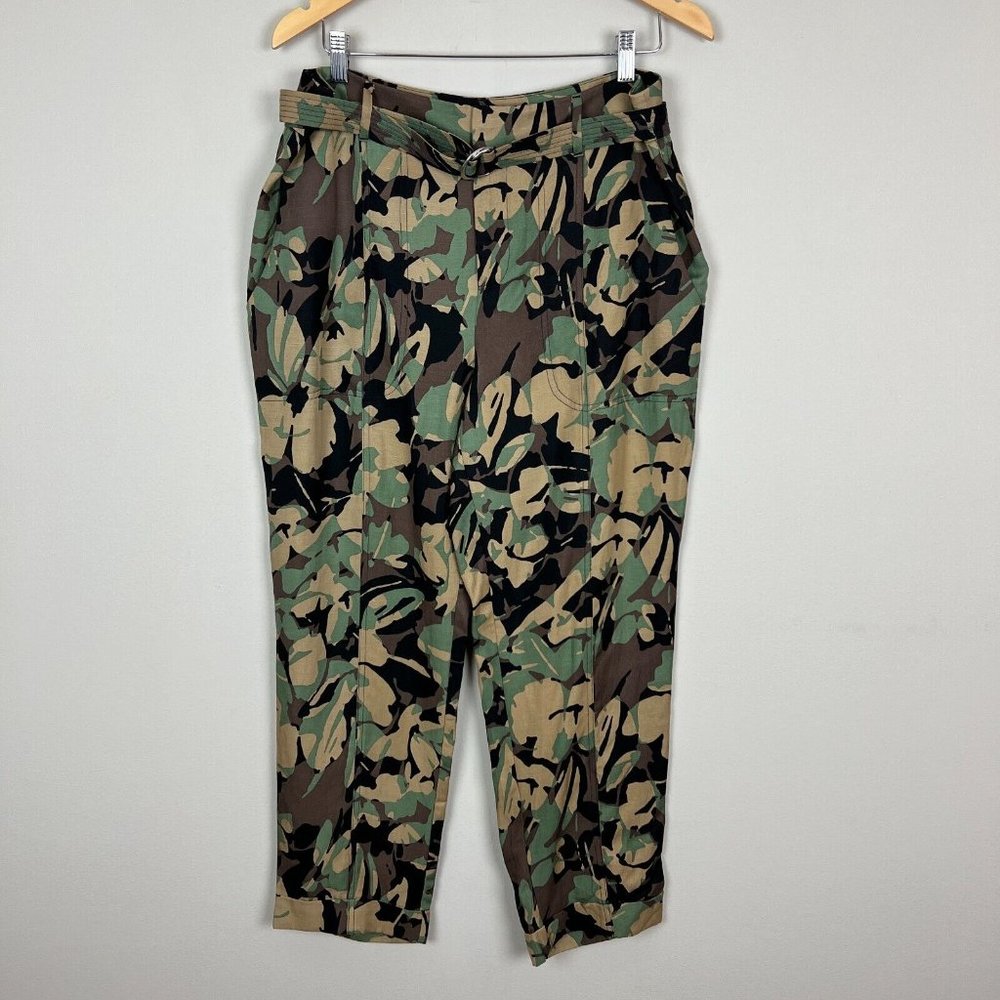 Chicos 2 Pants Womens 12 Green Camo Linen Lyocell Belted High Rise Ankle Utility